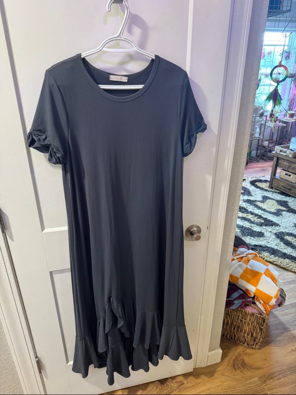 Classic Short-Sleeve Ruffle Hem Dress - Slate Gray